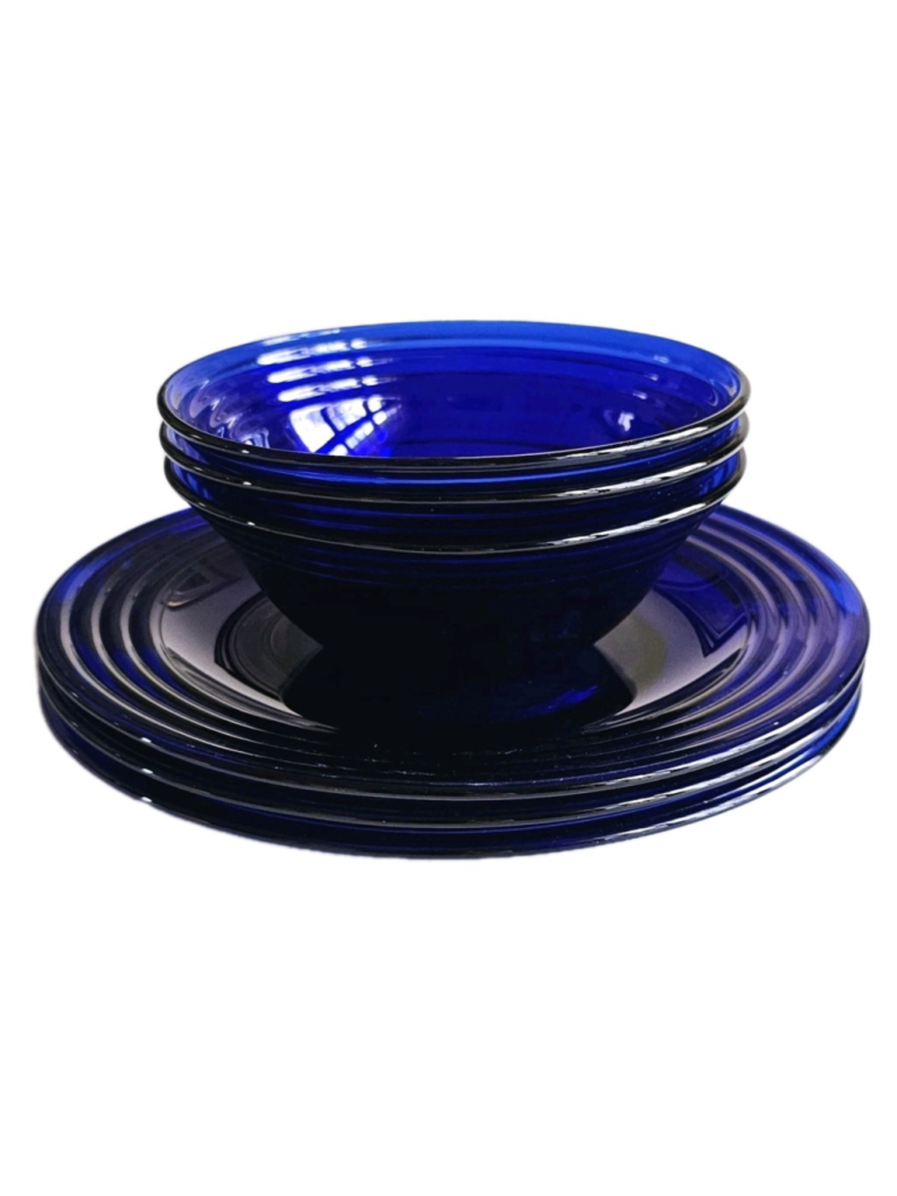 MCM Cobalt Blue Ribbed Glass Bowl & Plate Set – 3 Bowls 3 Plates Vintage